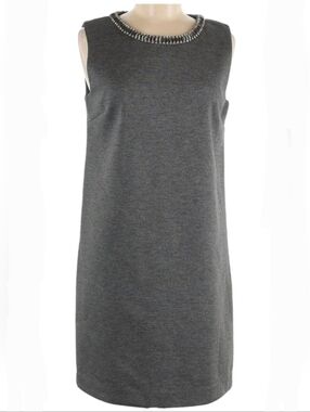 CYNTHIA ROWLEY Mod/Retro Inspired Heather Gray Jeweled Neck Shift Dress Sz 8 EUC